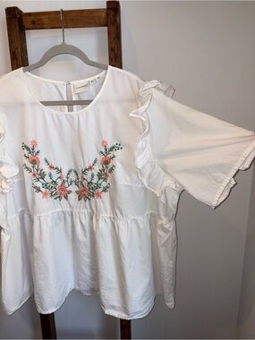 Juna Rose White Embroidered Floral Cotton Peplum Blouse Top Size 24 Cottagecore